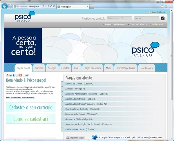 Projetos de Criar site: Página inicial do website da Psicoespaço com as vagas em aberto