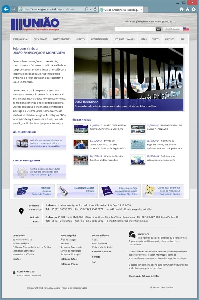 Projetos de Criar Site: Página inicial do site da União Engenharia