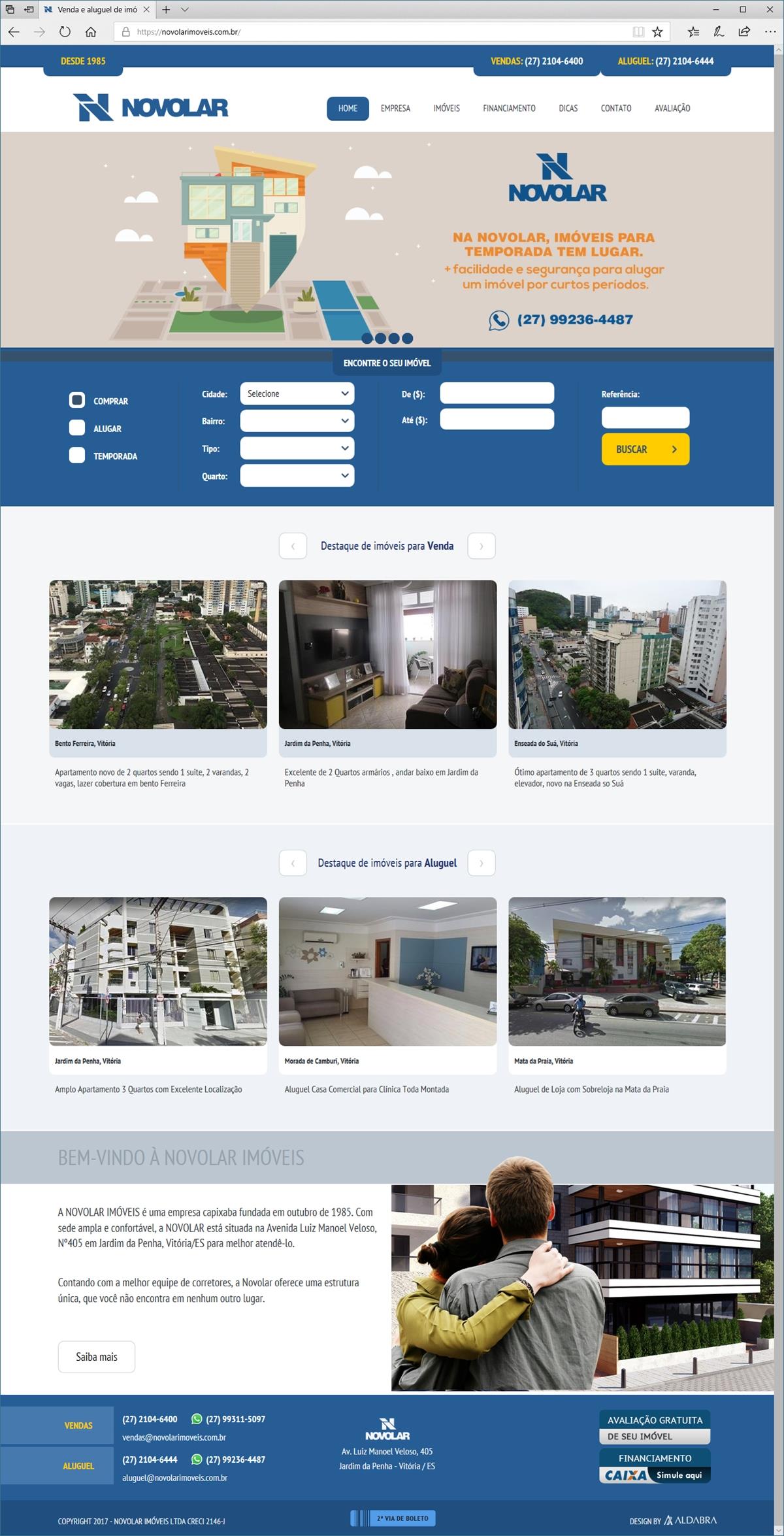 Projetos de Criar Site: Página inicial com destaque para as ofertas de aluguel e venda