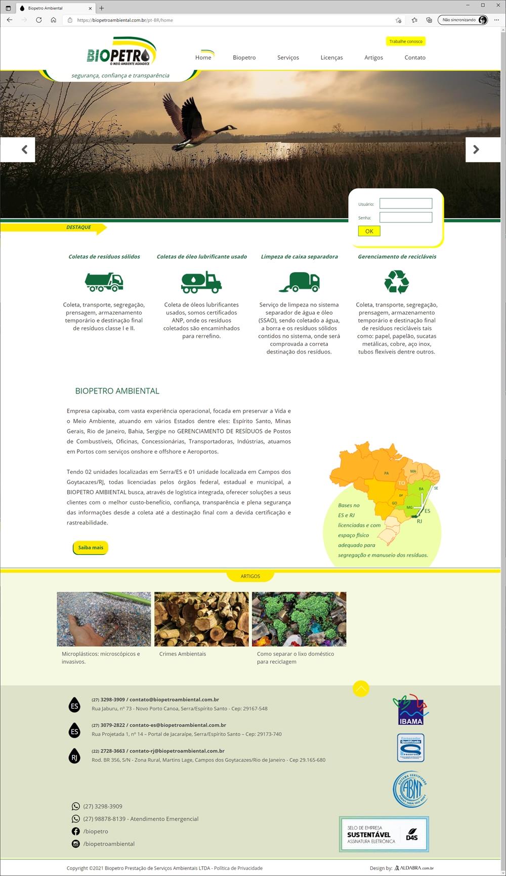 Projetos de Criar Site: Homepage criada para a empresa Biopetro Ambiental
